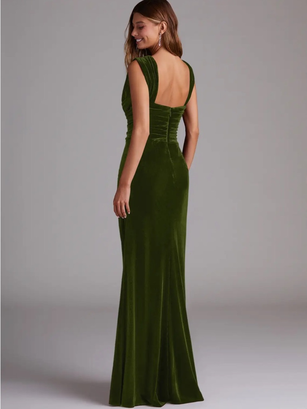 Azazie Genesis Olive Sheath Pleated Velvet Dress, - Picture 3 of 9
